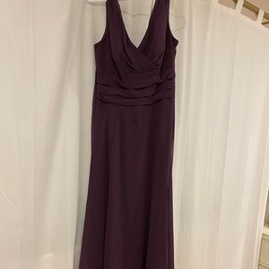 Floor length eggplant David bridal dress